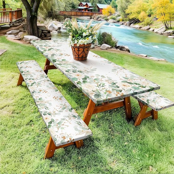 Picnic Table Cover with Bench Covers and Bag, Outdoor Waterproof Windproof Tablecloth with Elastic Edges, Camping Accessories RV Gear Campers 60x30 Inches 3 Pcs Set, Sage Green Eucalyptus Leaves