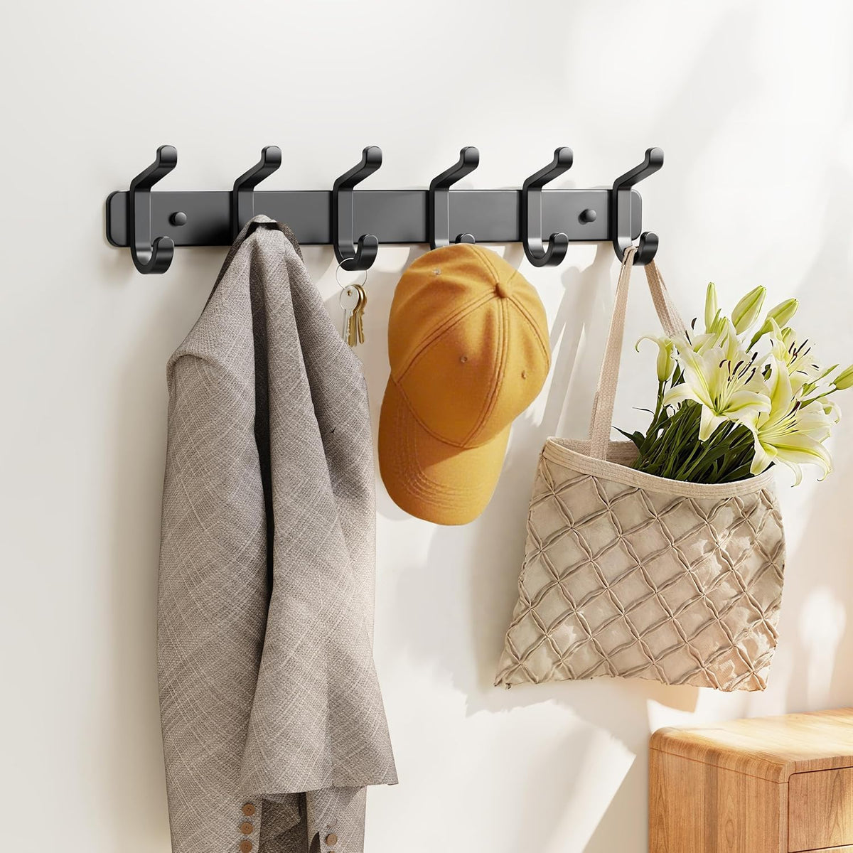 Coat Rack Wall Mounted Heavy-Duty: Metal Coat Hanger 6 Hooks for Hanging Hat, Clothes, Robe, Keys, Backpack, Bathroom Towels, Jacket, Purse - Closet, Door, Entryway, Mudroom (Black, 2 Pack)