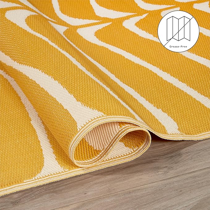 Fab Habitat Tropical Botanical Floral Outdoor Rug - Waterproof, Crease-Free Fade Resistant, Reversible - Recycled Plastic - Patio Porch Balcony Deck Yard Garden - Hilo Honey - 5x8 ft