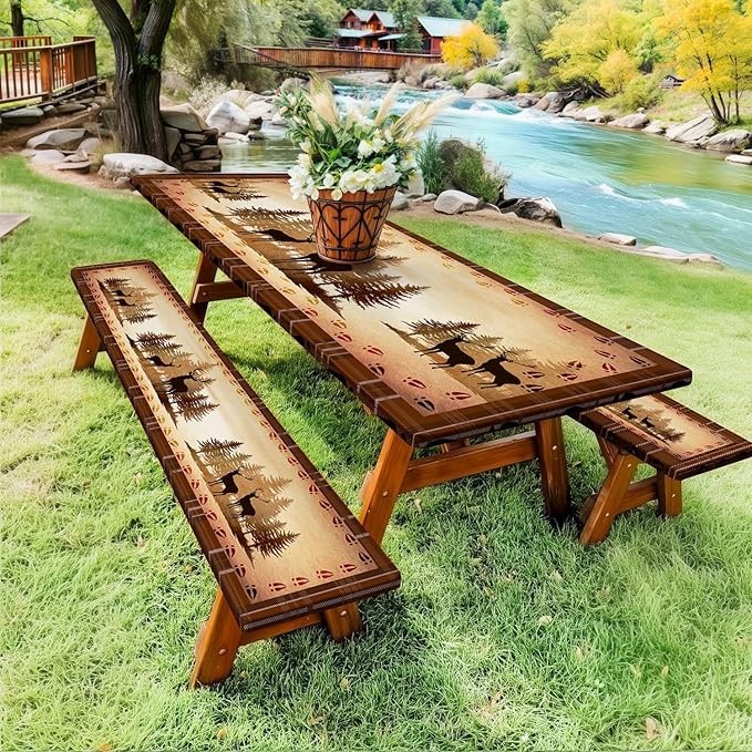 30X72 Inch Brown Deer Picnic Table Cover with Bench Cover and Drawstring Bag, Waterproof Washable Fitted Outdoor Tablecloth Rectangular Elastic Edged for Camping Outdoor Travel, 3 Pieces Set