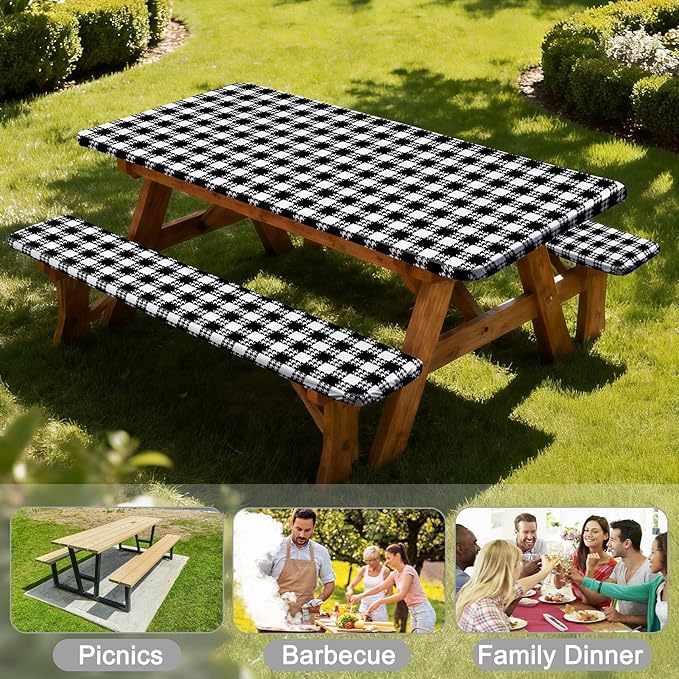 Picnic Table Cover with Bench Covers Windproof Waterproof Picnic Table Covers Camping Tablecloth with Self-Storage Bag, 72in, Black White