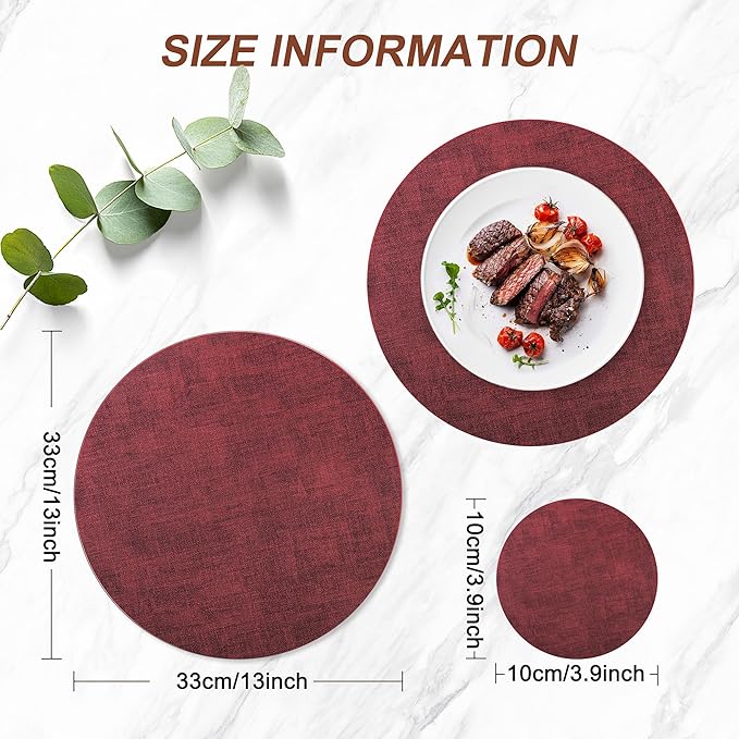 Round Faux Leather Placemats and Coasters, Set of 6, Reversible Heat Resistant Non-Slip Table Mats, Waterproof Wipeable Place Mats for Dining Table, Washable for Indoor & Outdoor (6, Red)