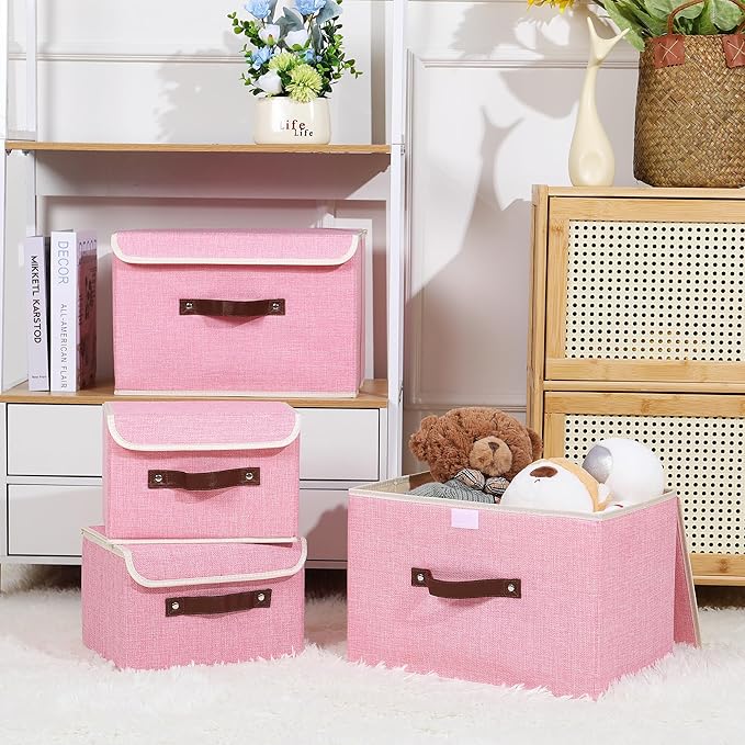 ANMINY 2PCS Storage Bin with Lid Storage Boxes with PU Leather Handles PP Plastic Board Decorative Foldable Lidded Cotton Linen Fabric Home Cubes Baskets Closet Organizer Container - Pink, Medium