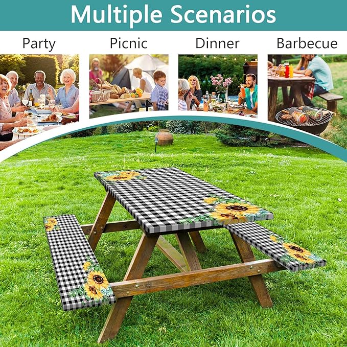 Picnic Table Cover with Bench Covers and Bag, Outdoor Waterproof Windproof Tablecloth with Elastic Edges. Camping Accessories RV Gear Campers 60x30 Inches 3 Pcs Set Black-White Checkered