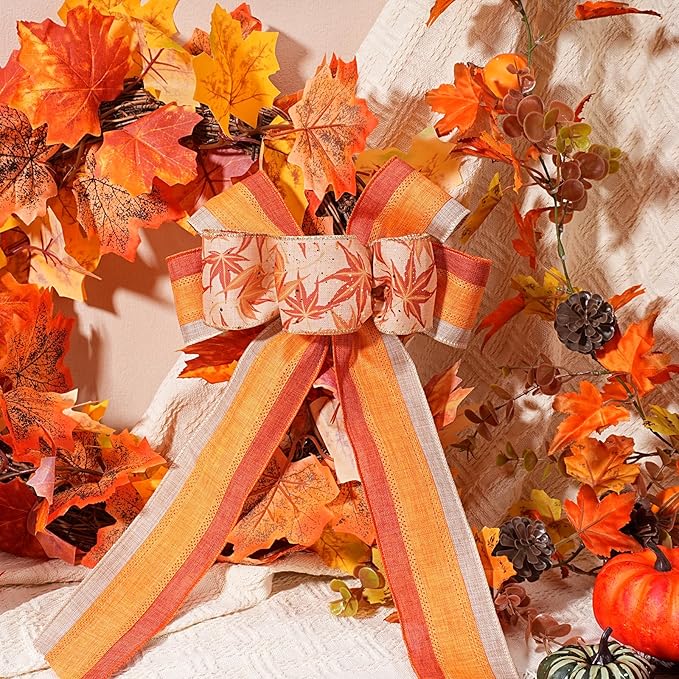 LaRibbons Fall Burlap Ribbon Wired 2 1/2" x 10 Yards 2 Rolls, Maple Leave Striped Ribbon for Autumn Wreath Thanksgiving Farm Gift Wrapping Home Decor