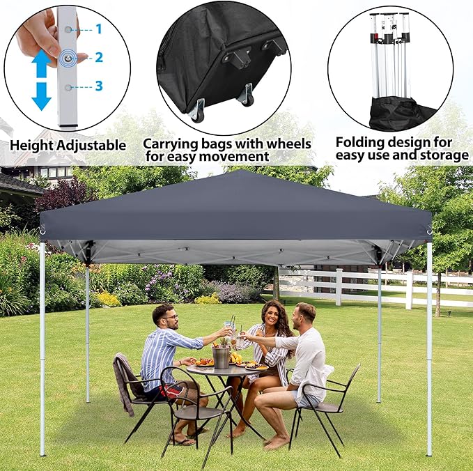 JupiterForce 10 x 10 Pop Up Canopy Tent Easy Set-up, Height Adjustable Outdoor Canopy Patio Waterproof Sun Shade Shelter Instant Canopy with Wheeled Carry Bag, Ropes