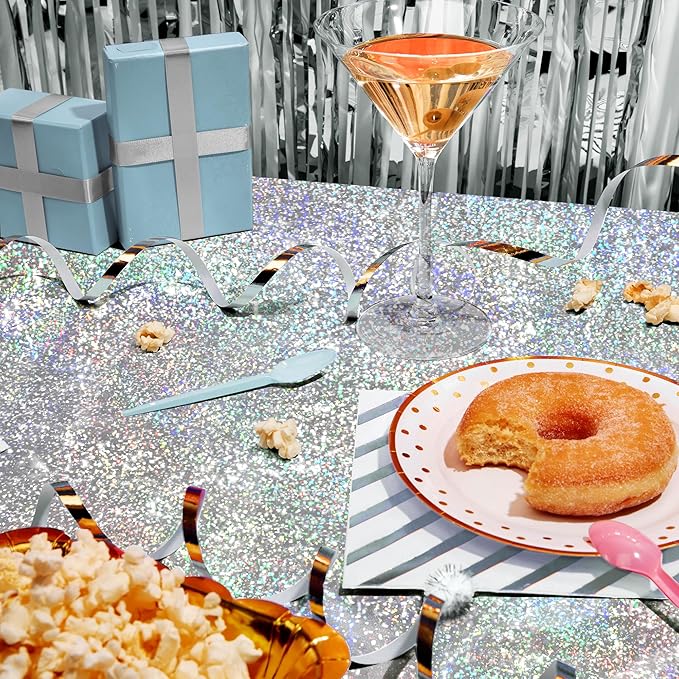 Just Shimmer Sparkling Holographic Laser Tablecloth - Shimmering, Waterproof, Easy to Clean - Ideal for Bachelorette, Birthday, Wedding, and Anniversary Party Decorations (Green & Gold & Silver, 3)
