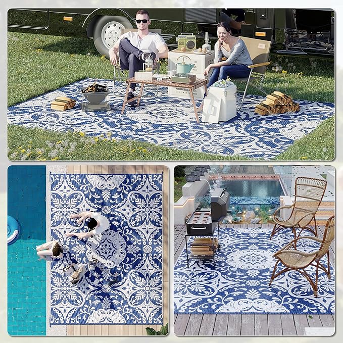 Outsunny Reversible Outdoor Rug Carpet, 9' x 12' Waterproof Plastic Straw Rug, Portable RV Camping Rugs with Carry Bag, Large Floor Mat for Backyard, Deck, Picnic, Beach, Blue & White Floral