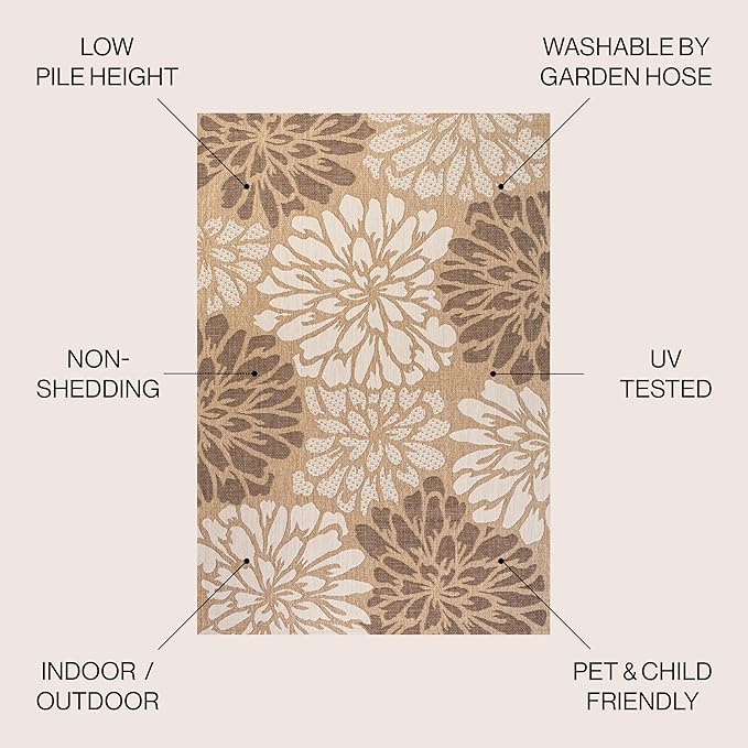 JONATHAN Y Floral Textured Weave Indoor Outdoor Square Area Rug 5X5 Brown/Cream, Zinnia Modern for Backyard, Patio, Porch, Easy-Cleaning, High Traffic, Pet-Friendly, Non-Shedding (SMB110I-5SQ)