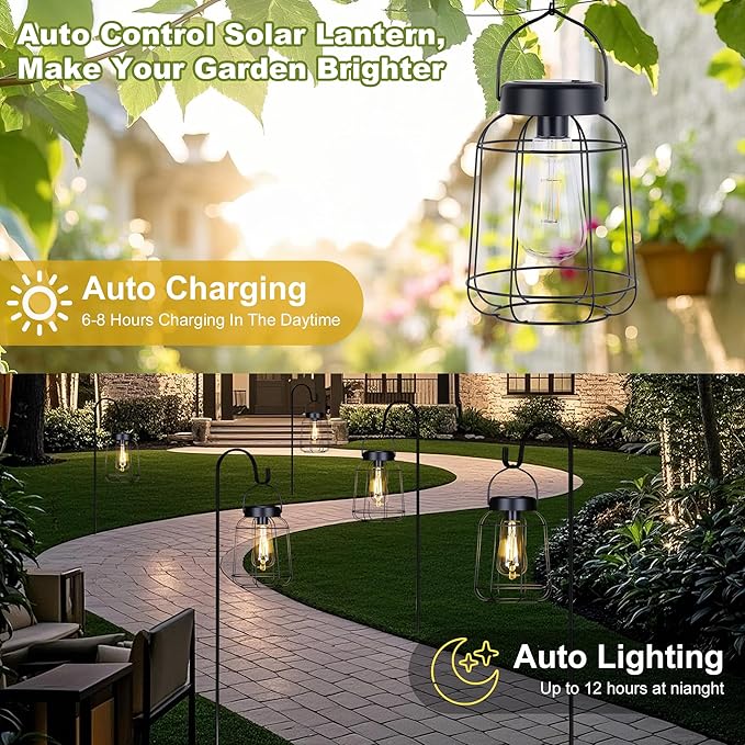 2 Pack Solar Lanterns Outdoor with LED Bulbs Hanging Lights for Outside Waterproof Solar Powered Lanterns for Table Patio Porch Graden and Pathway