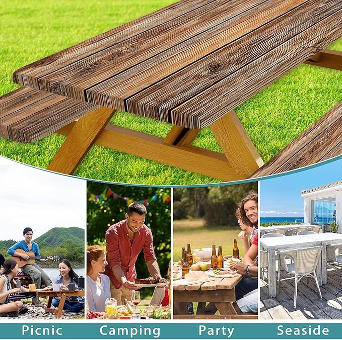 Farmhouse Picnic Table Cover with Bench Covers Camping Essentials Brown Wood Grain Waterproof Windproof Camping Tablecloth Fitted Tablecloth Cover with Elastic Edge for Indoor Outdoor 3 PCS 30x72 Inch