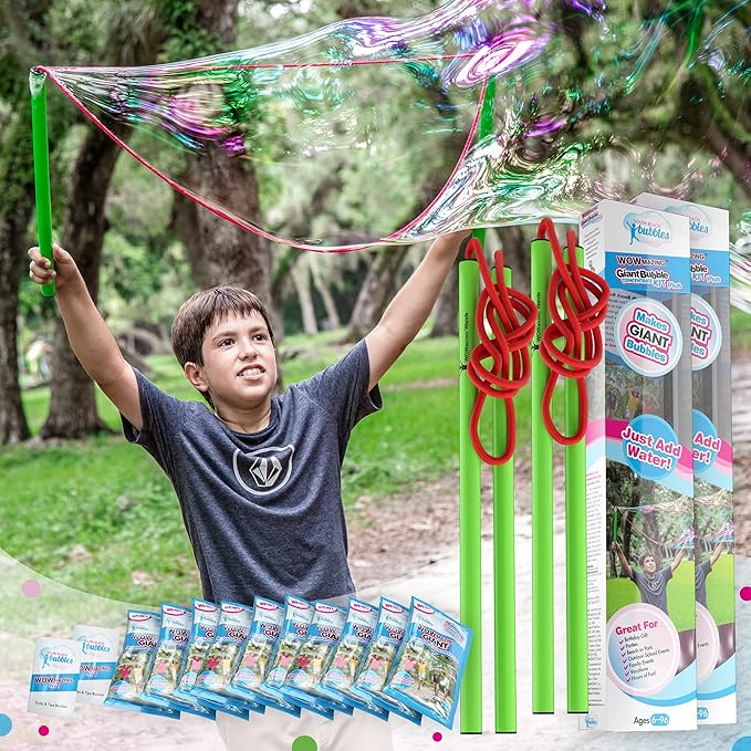 WOWMAZING Giant Bubble Kit – Family Pack (14-Piece Set) with Big Bubble Wand and Solution Concentrate (Makes 3 Gallons of Large Bubbles) | Best Value for Family Fun