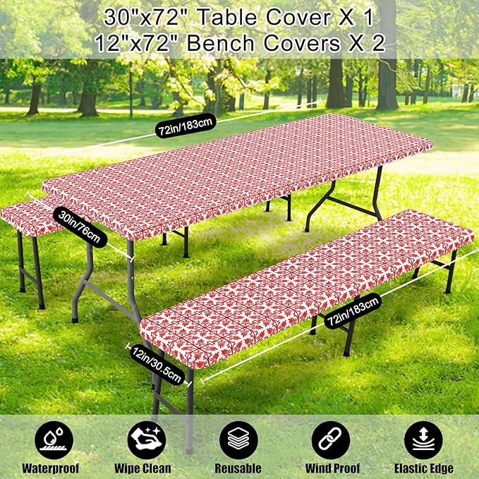 Smiry Picnic Table Cover with Bench Covers, Waterproof Elastic Fitted Tablecloth for 6 Foot Tables, Washable Polyester Tablecloths for Camping, Indoor & Outdoor (Rose Red & White, 30x72 Inch 3-pc Set)