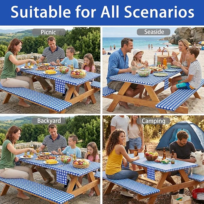 Fitted Picnic Table Cover with Bench Covers Elastic Waterproof Outdoor Camping Tablecloth for 8 Ft Rectangle Tables Camper Summer Accessories Rv Car Essentials Vacation Gifts for Men Women