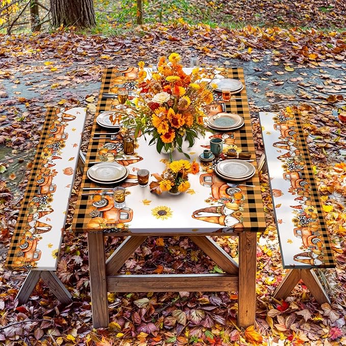 Fall Picnic Table Cover with Bench Covers, Camping Essentials, Thanksgiving Buffalo Plaid Floral Waterproof Windproof, Fitted Tablecloth Cover with Elastic Edge, Indoor & Outdoor, 3 PCS, 30x60 Inch