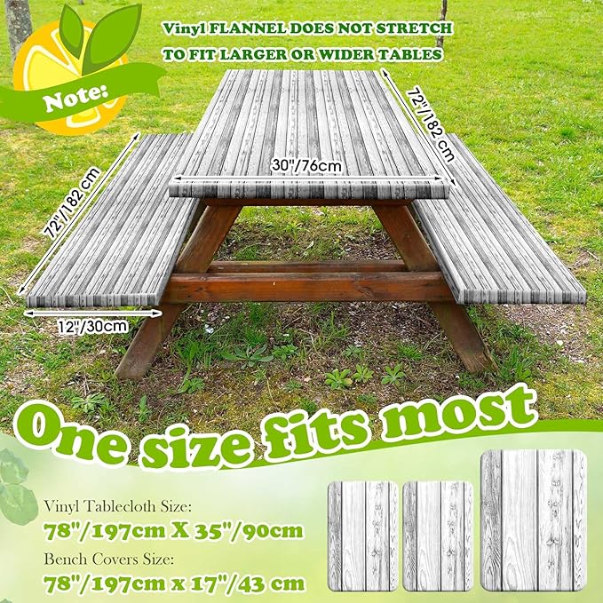 Boao 3 Pcs Vinyl Picnic Table Cover with Bench Cover 6 ft 30 x 72 Inch Waterproof Fitted Tablecloth Flannel Backing Rectangular Elastic Edged for Camping Outdoor Patio Travel(Birch)