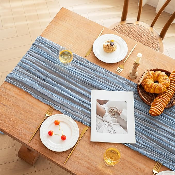 FEXIA Dusty Blue Cheesecloth Table Runner Boy Baby Shower Wedding Decorations Spring Gauze Table Runner for Bridal Shower Party Winter Wonderland Decoration 35x120 Inches