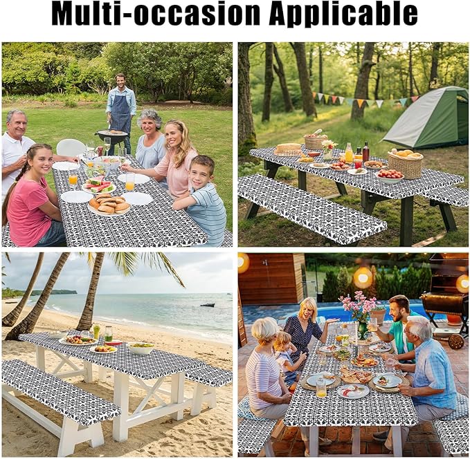 Smiry Picnic Table Cover with Bench Covers, Waterproof Elastic Fitted Tablecloth for 6 Foot Tables, Washable Polyester Tablecloths for Camping, Indoor & Outdoor (Rose Red & White, 30x72 Inch 3-pc Set)