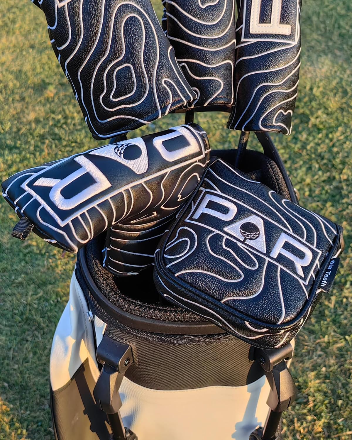 Big Teeth Golf Club Covers Full Set Driver Headcover Fairway Wood Hybrid Golf Club Iron Head Covers, Topographic Edition Putter Cover Leather Golf Head Covers Pure Black, Gifts for Men
