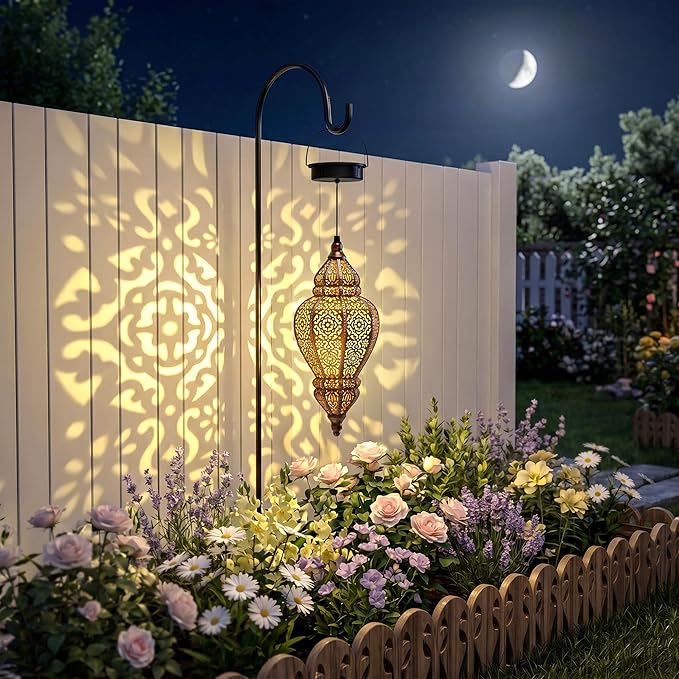 Hapjoy Moroccan Hanging Solar Lights Outdoor Lantern Bidirectional Availabili Garden Decor Waterproof Plastic Gold Decorations for Patio Pathway Yard Backyard Solar Powered Garden Decorative (1, gold)