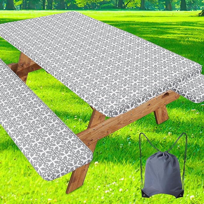 misaya Picnic Table Cover with Bench Cover, Waterproof Elastic Fitted Tablecloth for 8 Foot Tables, Rectangle Washable Polyester Tablecloths for Picnic, Camping, Outdoor (Grey, 30" x 96")