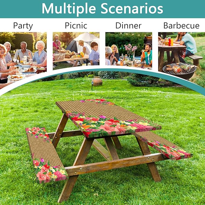 JAWO Hawaiian Tropical Floral Picnic Table Cover with Bench Covers, 3PCS Waterproof Polyester Elastic Fitted Outdoor Tablecloth, Camping BBQ RV Patio Luau Party Essentials with Carry Bag,96in