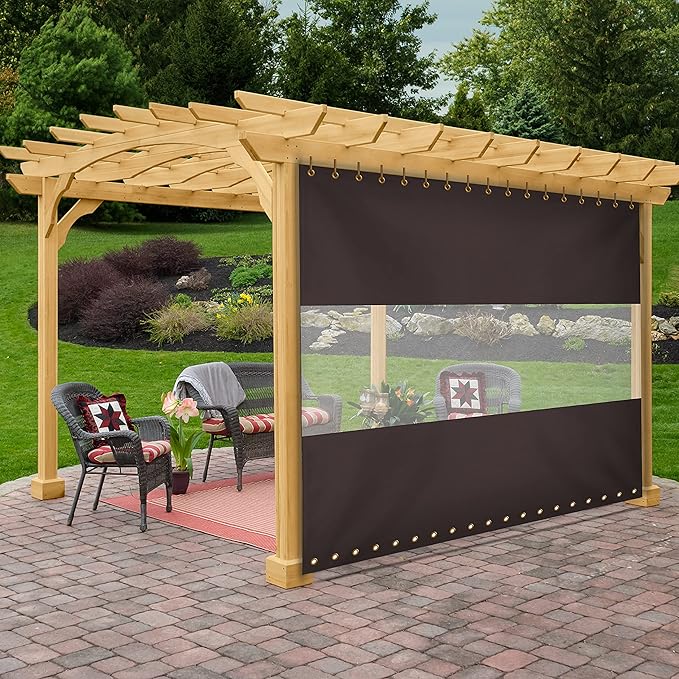 Covers & All Outdoor Clear Panel Curtain, 12 oz Vinyl Outdor Curtains for Patio, Waterproof & Weather Resistant Tarp with Brass Grommets for Pergola, Porch, Gazebos, Balcony (12'H x 9'W feet, Coffee)