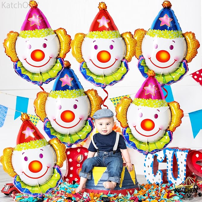 KatchOn, Large Clown Balloons Set - 32 Inch, Pack of 6 | Carnival Balloons for Carnival Decor | Clown Head balloons for Circus Theme Party Decorations | clown Birthday Decorations