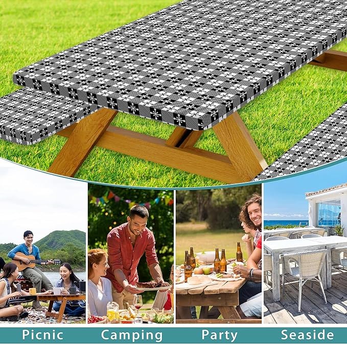 Picnic Table Cover with Bench Covers and Bag, Camping Essentials, Buffalo Plaid Waterproof and Windproof, Fitted Tablecloth Cover with Elastic Edge, for Outdoor, 3 PCS, (Black & White, 30"x60")