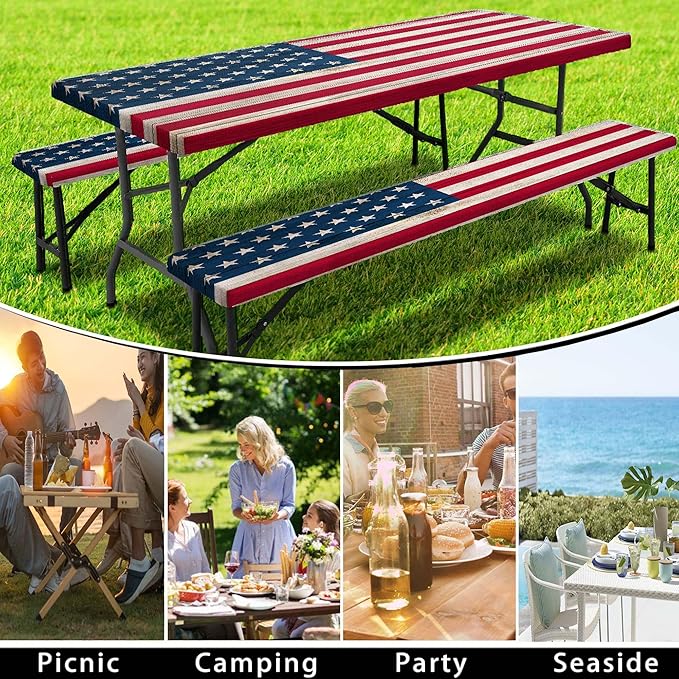 American Flag Picnic Table Cover with Bench Covers, Waterproof Windproof Oilproof, Camping Essentials, Fitted Tablecloth Cover with Elastic Edge, for Indoor & Outdoor, Garden, 3 Pieces Set, 30x60 Inch