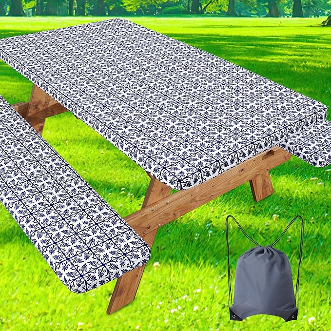 misaya Picnic Table Cover with Bench Cover, Waterproof Elastic Fitted Tablecloth for 6 Foot Tables, Rectangle Washable Polyester Tablecloths for Picnic, Camping, Outdoor (Navy, 30" x 72")