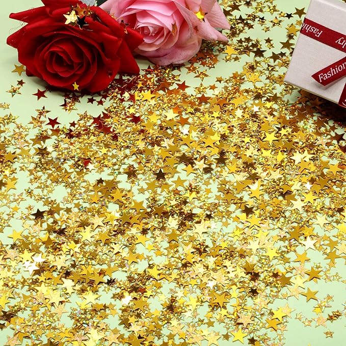 Hestya Star Confetti Glitter Table Confetti Metallic Foil Stars for Graduation Wedding Birthday Party Decorations(Glitter Gold Set,10mm and 6mm,60g)