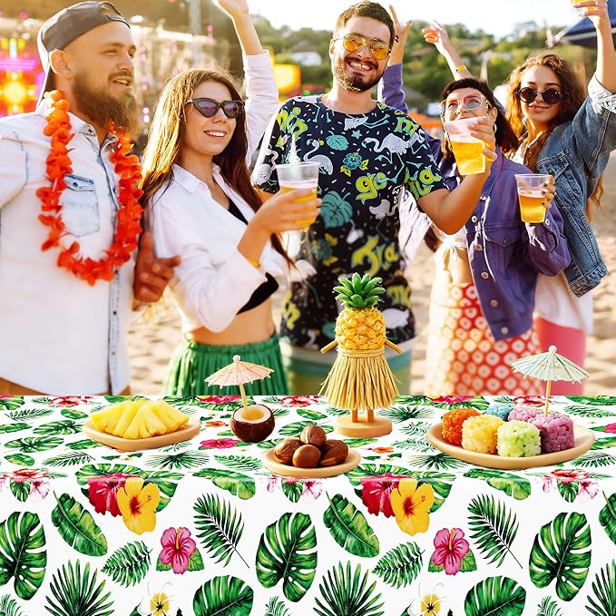QZYL 12 Pack Hawaiian Luau Tablecloths, 108" X 54" Luau Party Decorations, Plastic Floral Leaf Tablecloth, Disposable Hawaiian Party Decor, Rectangle Tropical Table Cloths for Beach Party Supplies