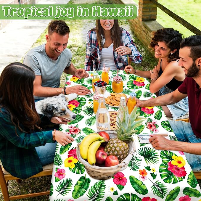 QZYL 12 Pack Hawaiian Luau Tablecloths, 108" X 54" Luau Party Decorations, Plastic Floral Leaf Tablecloth, Disposable Hawaiian Party Decor, Rectangle Tropical Table Cloths for Beach Party Supplies