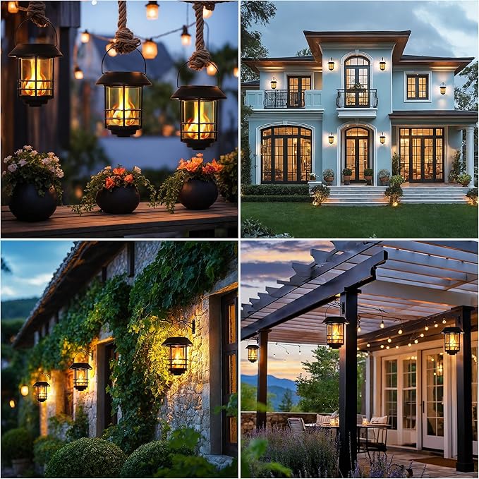 Otdair Solar Lanterns Outdoor Waterproof, 4 Pack Flickering Flames Wall Garden Decor with Glass Shade, Hanging Solar Lights Wall Mount Decorations for Halloween, Front Porch, Patio, Yard.