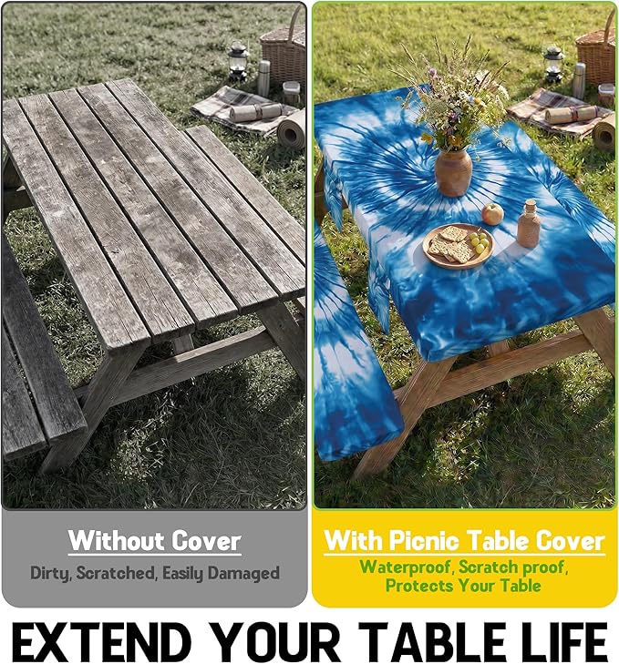 Picnic Table Cover with Bench Covers Camping Essentials Windproof Waterproof Patio Outdoor Tablecloth with Storage Bag, Fitted Rectangle Tables and Seats Tablecover for Rv Owner Camper 96in