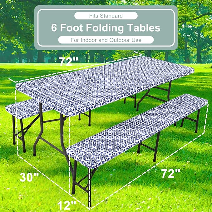 misaya Picnic Table Cover with Bench Cover, Waterproof Elastic Fitted Tablecloth for 6 Foot Tables, Rectangle Washable Polyester Tablecloths for Picnic, Camping, Outdoor (Blue, 30" x 72")
