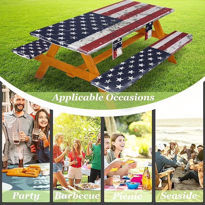 Fitted Picnic Table Cover with Bench Covers Waterproof Elastic Edges Rectangle Patio Tablecloth Outdoor Camping Essentials Stuff Rv Accessories Summer Trip Travel Camper Gifts for Woman Men, 96in 8 ft