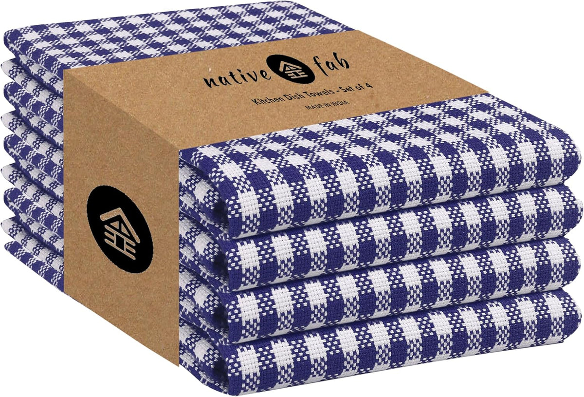 Native Fab Gingham Dish Towels 16x26 inches Set of 4 - Absorbent Washable Dishcloths, Dish Towels for Quick Drying Dishes