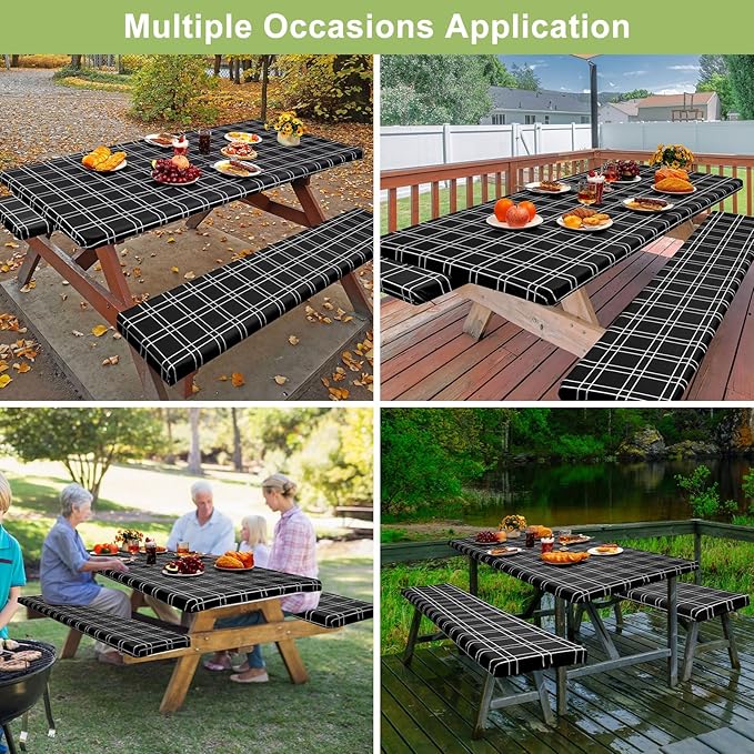 Picnic Table Cover with Bench Covers Camping Essentials Waterproof Windproof Camping Tablecloth with Drawstring Bag, Fitted Rectangle Tables and Seats, 72in, Black Checkered