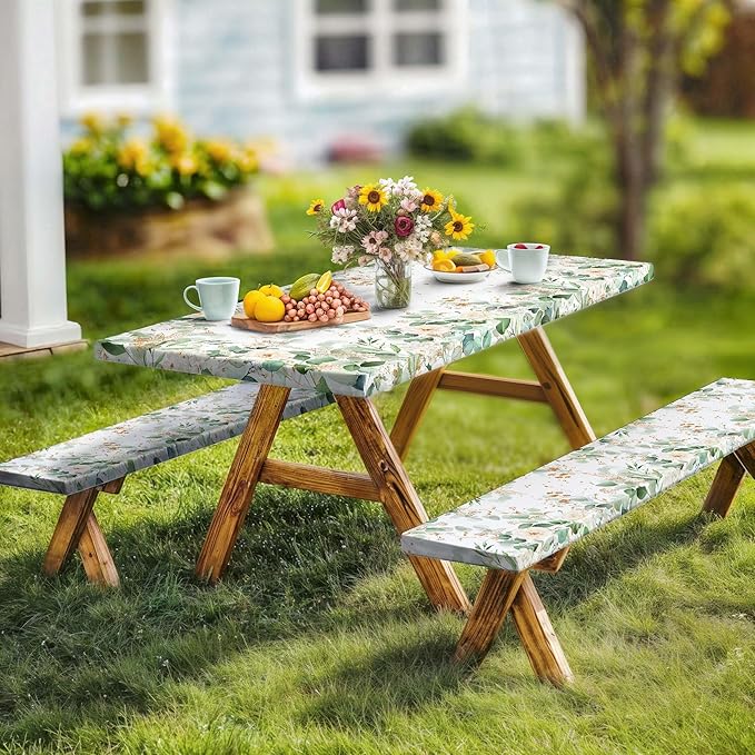 Picnic Table Cover with Bench Covers and Bag, Outdoor Waterproof Windproof Tablecloth with Elastic Edges, Camping Accessories RV Gear Campers 72x30 Inches 3 Pcs Set, Sage Green Eucalyptus Leaves