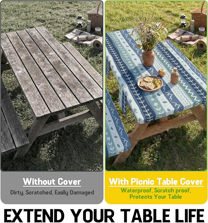 Picnic Table Cover with Bench Covers Waterproof Elastic Rectangle Furniture Fitted Tablecloth Table Cloth Glamping Camp Camper Camping Essentials Outdoor Road Trip Rv Car Travel Vacation Canping Gear