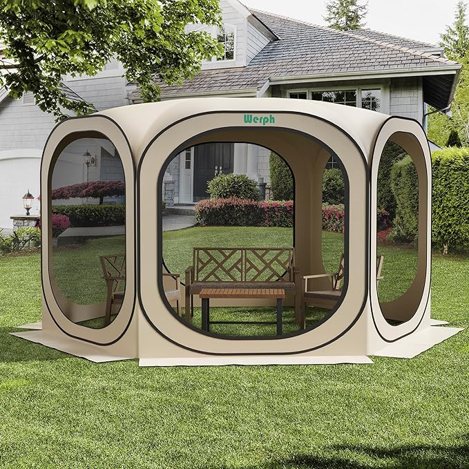 Werph 12x12 Pop Up Screen Tent, Mosquito Net Gazebo, UV Resistant Roof Waterproof Screen Canopy, Quick Setup Outdoor Shelter for Backyard, Patio, Garden, Picnic, Camping and Events, Beige