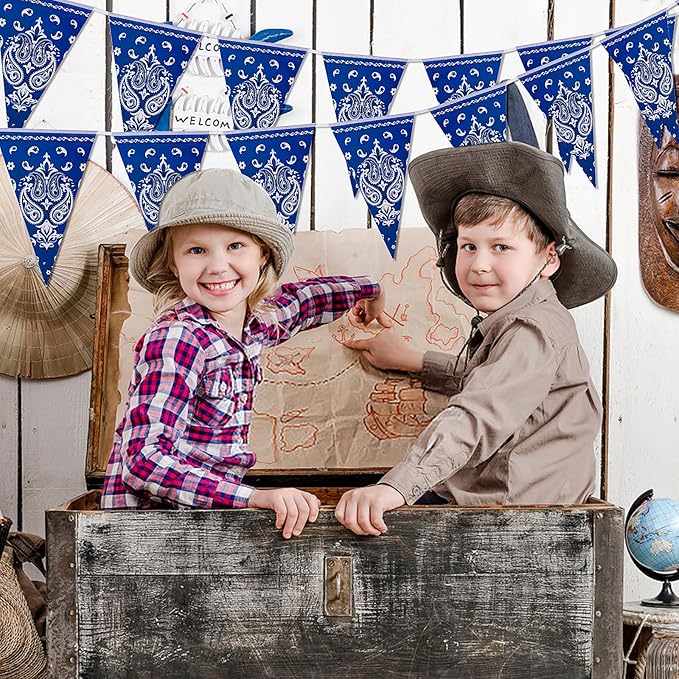 6 Pack Western Cowboy Party Decorations Blue Bandana Pennants Banner Wild West Decor Western Theme Bunting Flags for Birthday Baby Shower Country Party Supplies