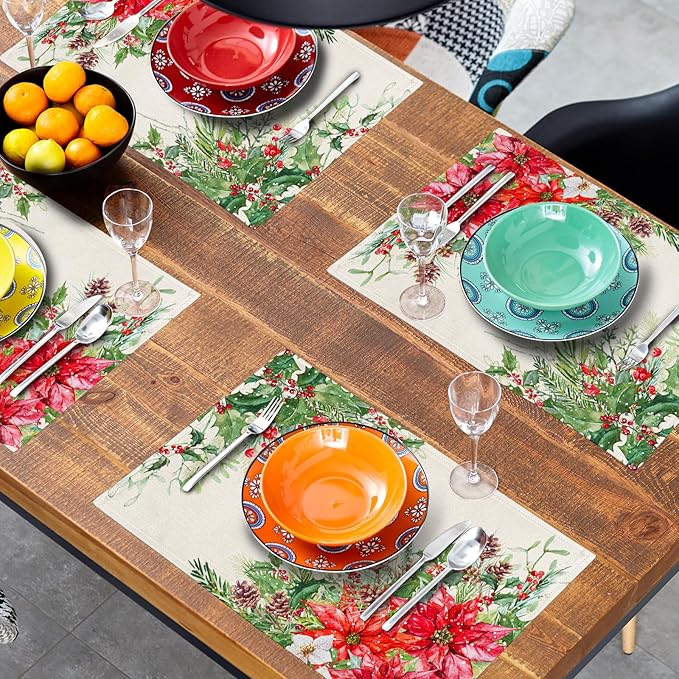 Giwawa Poinsettia Placemats Set of 4, 12x18 Inch Watercolor Christmas Red Floral Linen Table Mats for Kitchen Dining, Winter Holly Berry Pine Cones Washable Heat Resistance for Party Holiday Decor