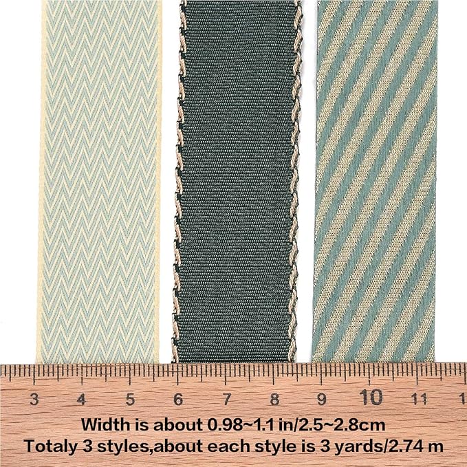 BEEFLYING 3 Styles 9 Yard Olive Green Wire Edged Ribbons Wrapping Decoration 25~28mm×2.7m Twill Ribbons for Wedding Party Decoration Hair Bows Flower Designs Sewing and Craft