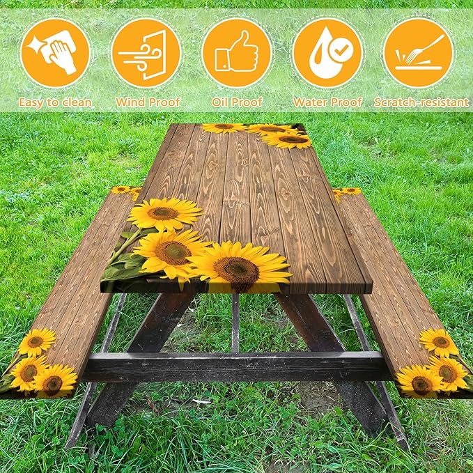 Picnic Table Cover with Bench Covers 6FT Sunflower Waterproof Fitted Picnic Table Cloths Wood Texture Outdoor Elastic Picnic Tablecloth Outdoor Camping Essentials(3pcs-72")