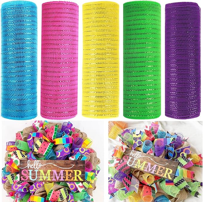 5 Rolls Summer Mesh Ribbon for Wreath, 10 Inch x 30FT Per Roll Metallic Foil Deco Mesh Rolls Pink Blue Yellow Green Purple Decorative Mesh for Spring Summer Easter Baby Shower Party Decor