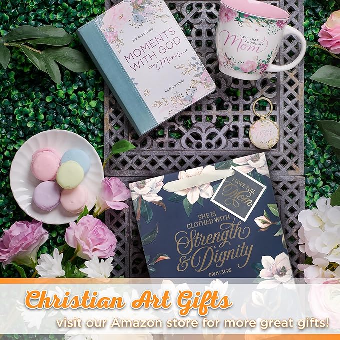 Christian Art Gifts Large Portrait Inspirational Scripture Women's Gift Bag, Tag & Wrapping Tissue Paper Set: Strength & Dignity Bible Verse for Moms, Cute Navy Blue Floral/Gold, Satin Ribbon Handles