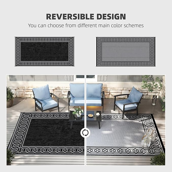 Outsunny Outdoor Rug for Patio, 9' x 18' Waterproof Large Mat, Reversible Plastic Straw Rug for Decor, Portable Outside RV Camping Area Carpet Mat for Backyard Porch Deck Picnic, Black & Gray Border